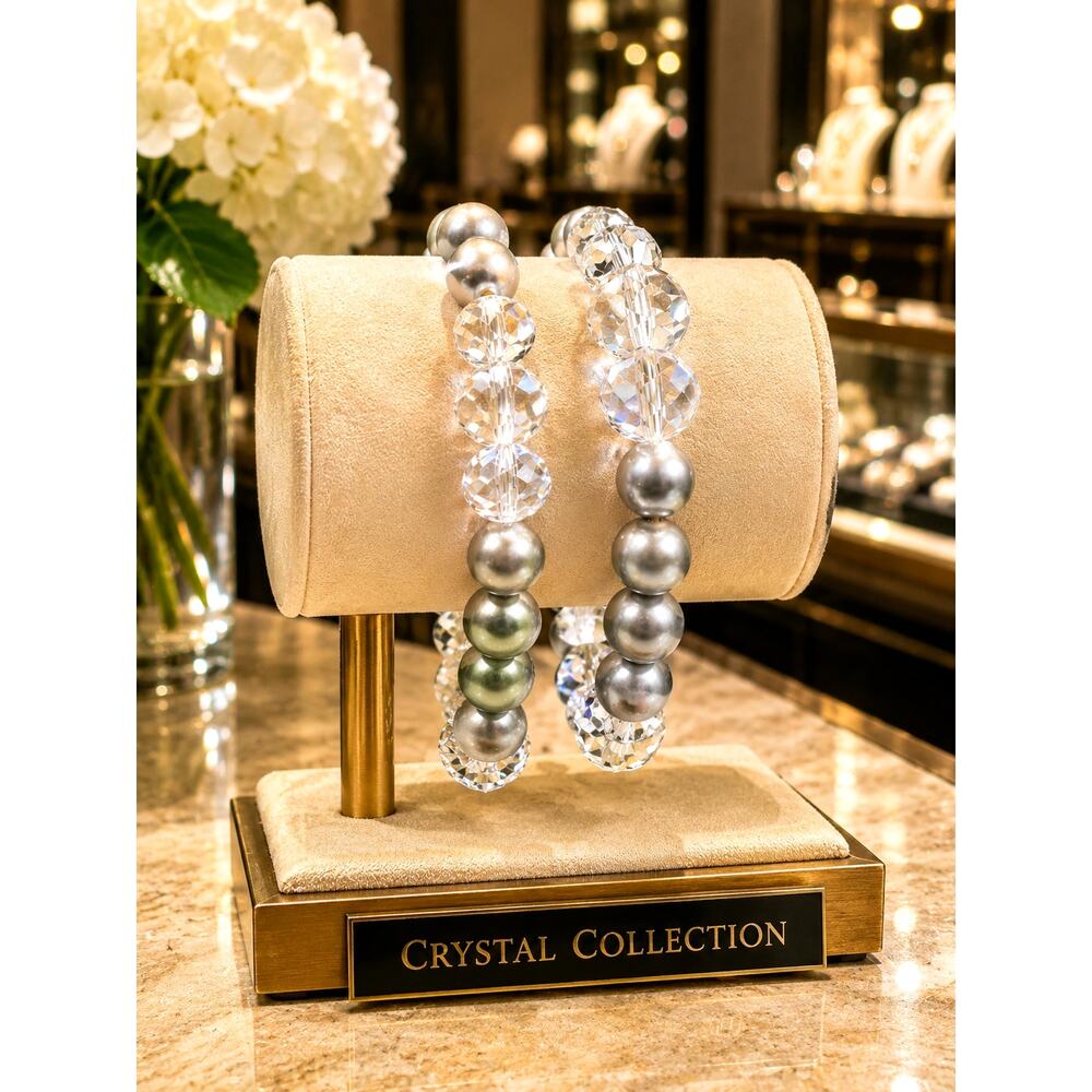 Silver Gray Faux Pearl Faceted Crystal Stretch Bracelets Elegant Fashion Jewelry